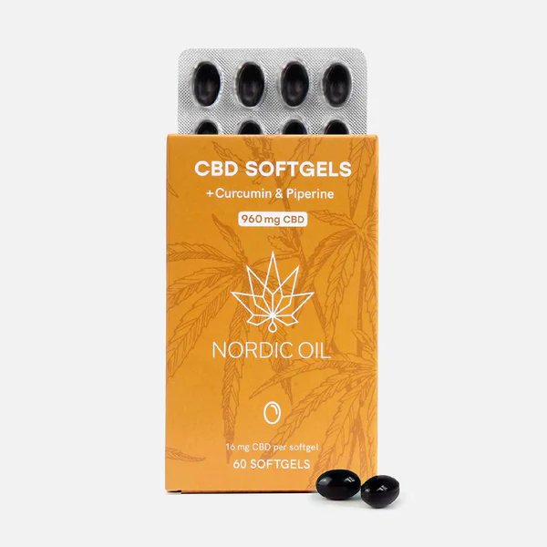 Capsule softgel di CBD con curcumina di Nordic Oil con confezione