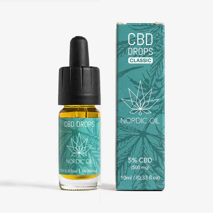 Olio di CBD 5% Classico in un flacone da 10 ml accanto alla confezione